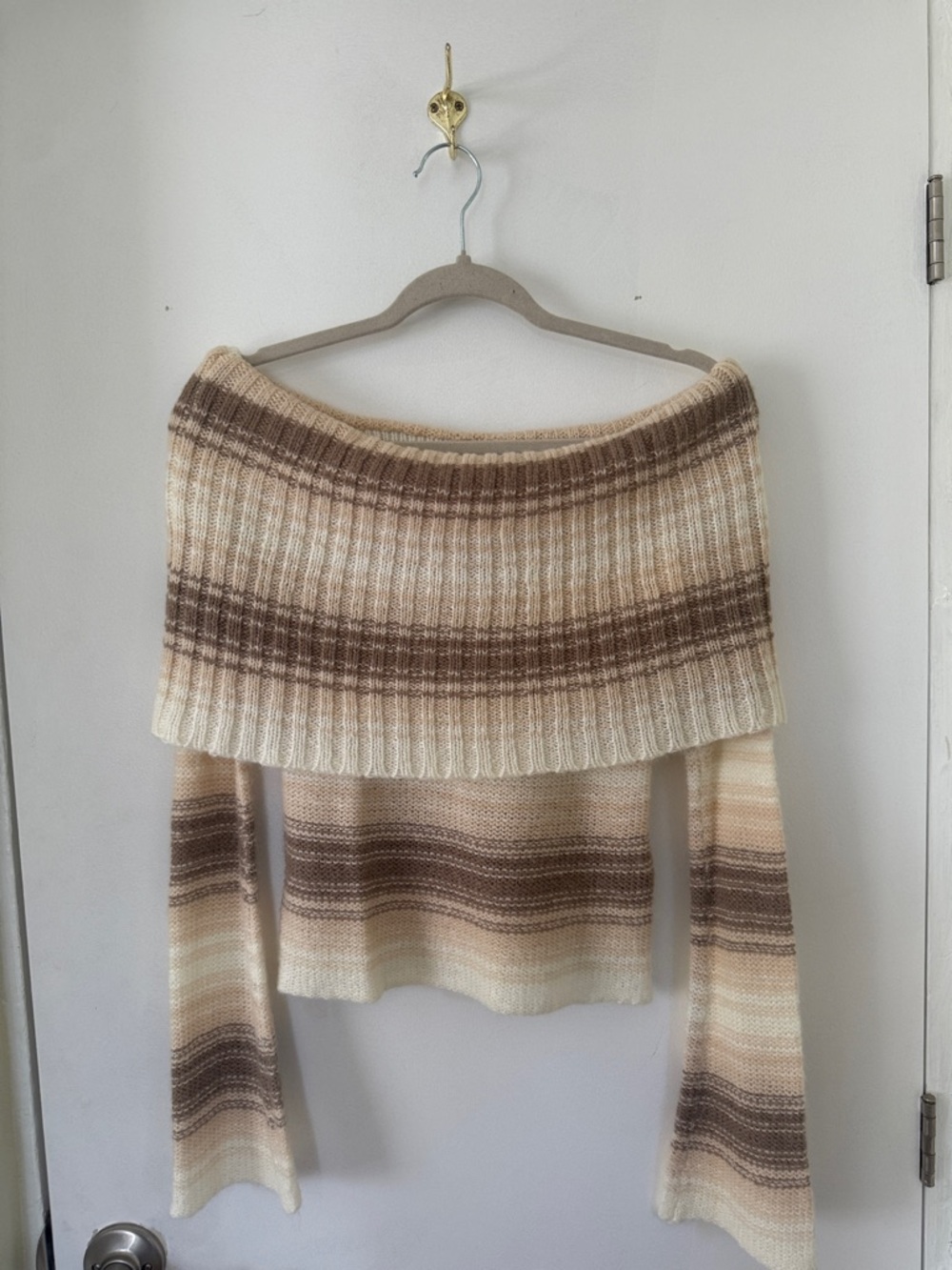 Off-Shoulder Striped Knit Sweater in Cream & Brown